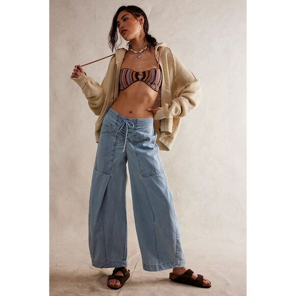 Free People Castaway Slouchy Pull-On Jeans Pants Wide Leg Cotton S New 279360